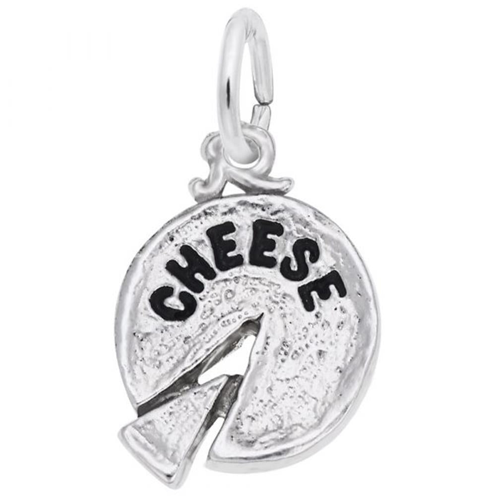 A detailed image of the Sterling Silver Cheese Wheel Charm by Rembrandt Charms. This charm features an intricately detailed cheese wheel design, measuring 0.5 inches by 0.53 inches (12.65 mm by 13.37 mm). The charm has a polished sterling silver finish, perfect for adding a touch of culinary fun to any charm bracelet or necklace. Style number 2352.