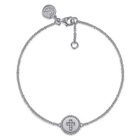 Introducing the Gabriel & Co 925 Sterling Silver Diamond Bujukan Cross Bracelet (Serial No: S1739) – a delicate and elegant piece from the Bujukan Collection. This minimalist bracelet features a small, round, diamond-studded cross pendant at its center and comes with an adjustable chain adorned with a circular charm near the clasp, making it perfect for any occasion.