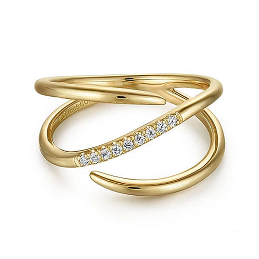 Discover this exquisite 14K Yellow Gold Ring from Gabriel & Co's Kaslique Collection, showcasing a distinctive twist design adorned with a row of dazzling pavé diamonds set along one of the twisted bands. This elegant ring embodies modern sophistication.