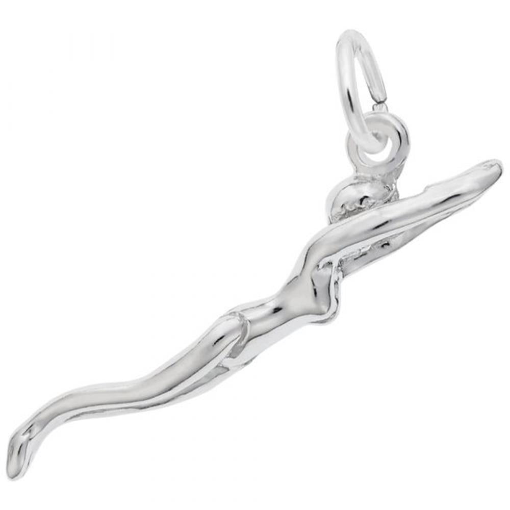 The Rembrandt Charms Diving Female Swimmer Charm in Sterling Silver is intricately designed to resemble a female swimmer diving gracefully with extended arms, a streamlined body, and legs together. It also includes a small loop at the top for easy attachment to a chain or bracelet.