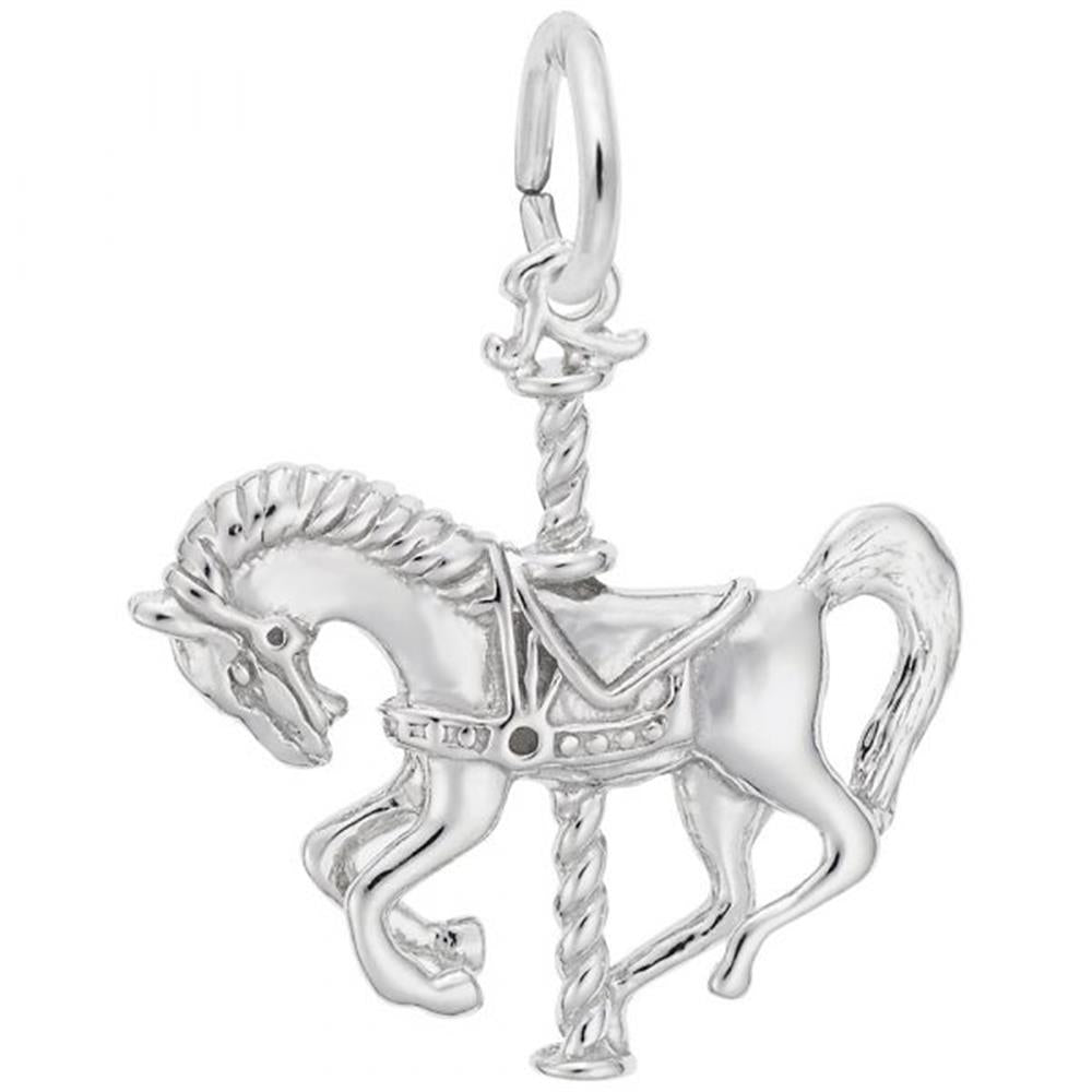 A detailed Rembrandt Charms Carousel Horse Charm in sterling silver, featuring intricate rope and saddle designs on a pure white background. The horse is portrayed in a galloping pose, attached to a vertical pole with a loop at the top for hanging.