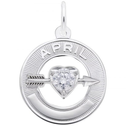 'Sterling silver circular charm with the text: APRIL, featuring a heart-shaped gemstone pierced by an arrow. Style 3334, 0.79 in x 0.79 in (20.01 mm x 20.01 mm).'