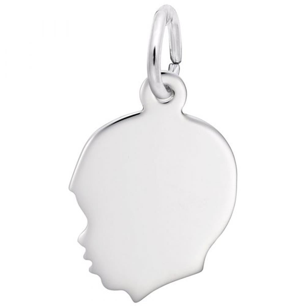 A shiny Flat Young Boy’s Head Charm / Sterling Silver by Rembrandt Charms, attached to a small loop for a chain or bracelet. The design features subtle contours representing facial features, giving it a classic and elegant appearance.