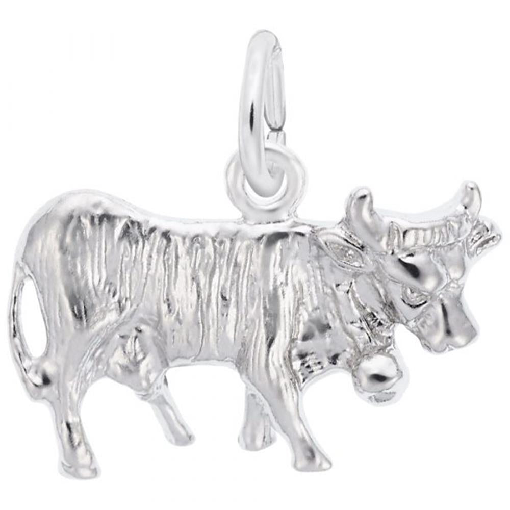 The Cow Charm in Sterling Silver by Rembrandt Charms features intricate details such as textured fur and horns, along with a convenient attachment loop. The charm captures the animal in a distinctive standing position, making it an ideal whimsical addition to any collection.