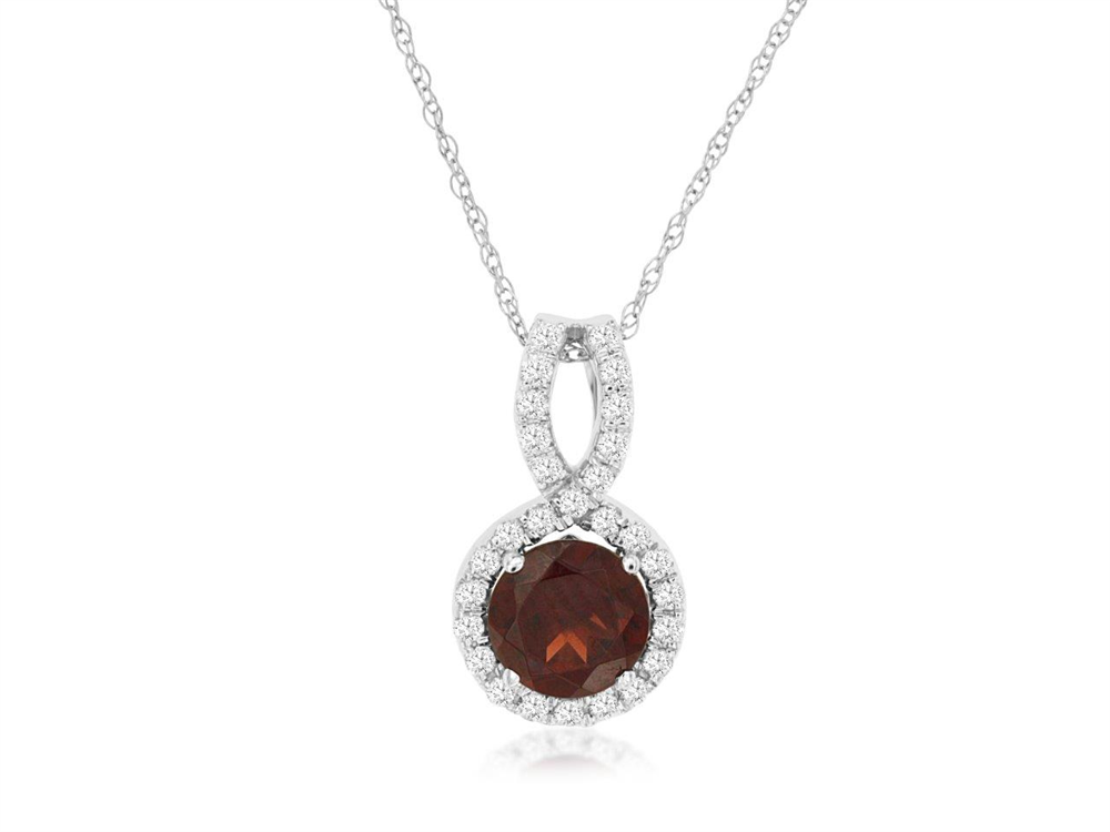 The "Garnet and Diamond Pendant" by Royal Jewelry is a silver necklace showcasing a large round garnet encircled by small clear diamonds, all arranged in an interlocking loop design. Its delicate chain perfectly enhances the pendant's elegance.