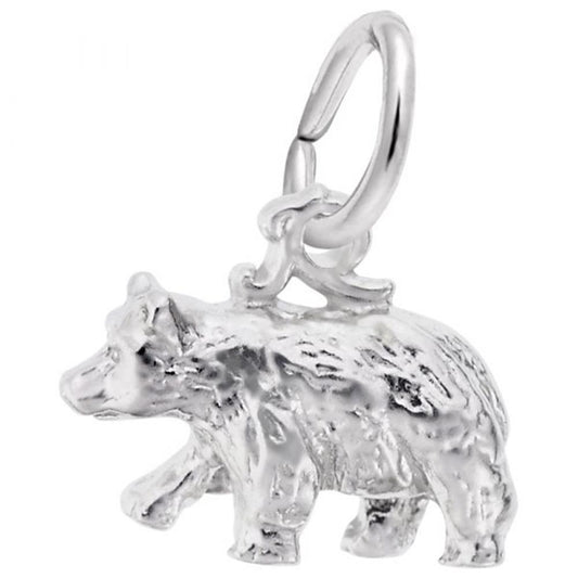 This Black Bear Small 3D Charm in Sterling Silver from Rembrandt Charms takes the form of a black bear in a walking stance. It features intricate fur textures and includes a small loop at the top for easy attachment to a chain or bracelet.