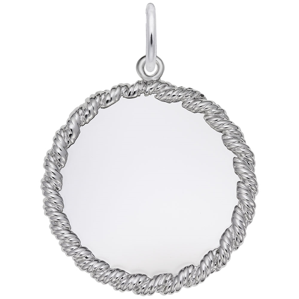 Rembrandt Charms offers a Medium Twisted Rope Disc Charm in Sterling Silver, characterized by its smooth, circular pendant and twisted rope-like border. It also features a small hoop at the top for easy attachment to a necklace or chain.