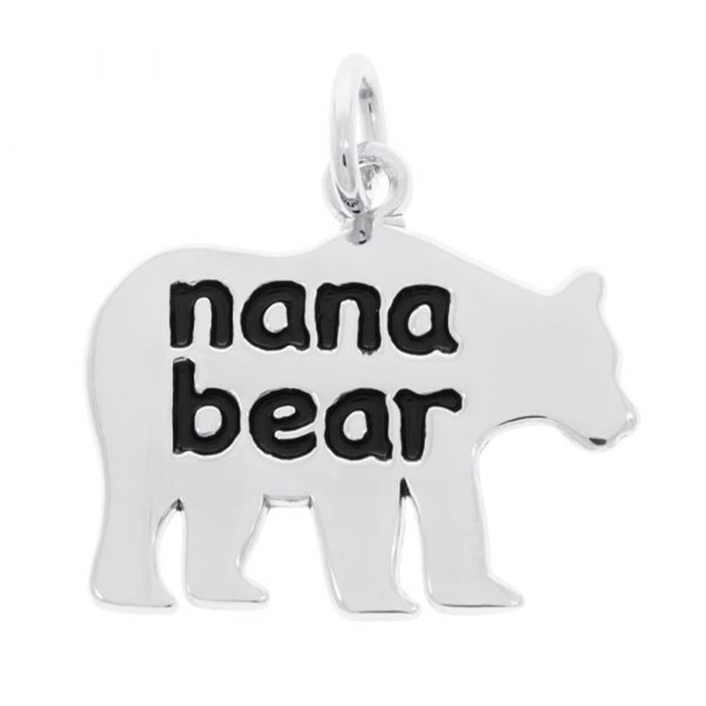 The Rembrandt Charms Nana Bear Charm / Sterling Silver is a bear-shaped pendant with the words "nana bear" engraved in black letters on its body. It features a loop at the top for easy attachment to a necklace or keychain.