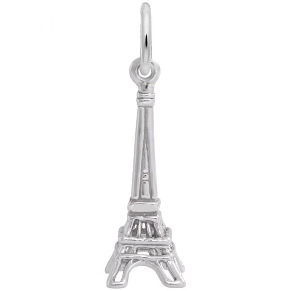 The Rembrandt Charms Eiffel Tower Small Charm in sterling silver showcases detailed architecture of the iconic Paris landmark. This elegant accent charm hangs from a small loop at the top, designed for use on a necklace or bracelet.