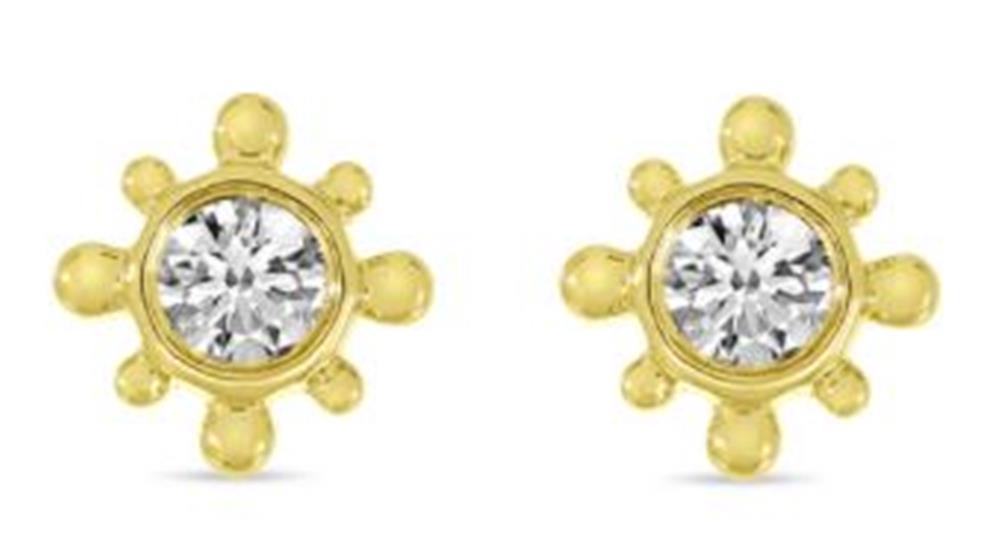 The 14K Gold Diamond Beaded Stud Earrings by Brevani / Color Merchants feature a round, clear 0.10ctw gemstone at the center of each earring. These earrings showcase a unique sunburst design adorned with small circular gold protrusions evenly spaced around the gemstone.