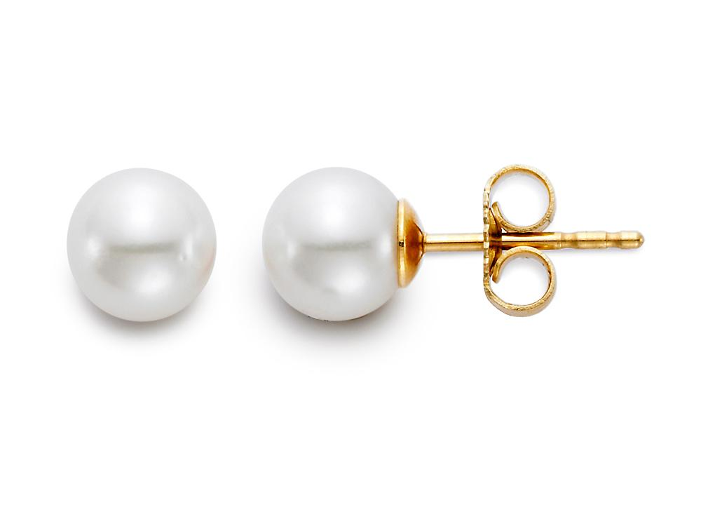 A pair of Mastoloni Pearls 6-6.5MM EAR "A" 14K YG earrings is displayed, one showcasing the lustrous pearl and the other revealing the elegant gold post and butterfly clutch. The earrings feature a round, white pearl set in a luxurious 14K yellow gold stud against a pristine white background.