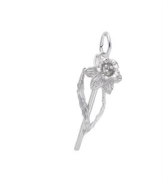 A daffodil flower charm with a loop at the top for attaching to a chain. The charm measures 0.52 inches in width and 1 inch in height (13.3 mm x 25.28 mm). Style number: 3305. The charm is intricately designed to resemble a daffodil flower, showcasing detailed petals and a textured center.