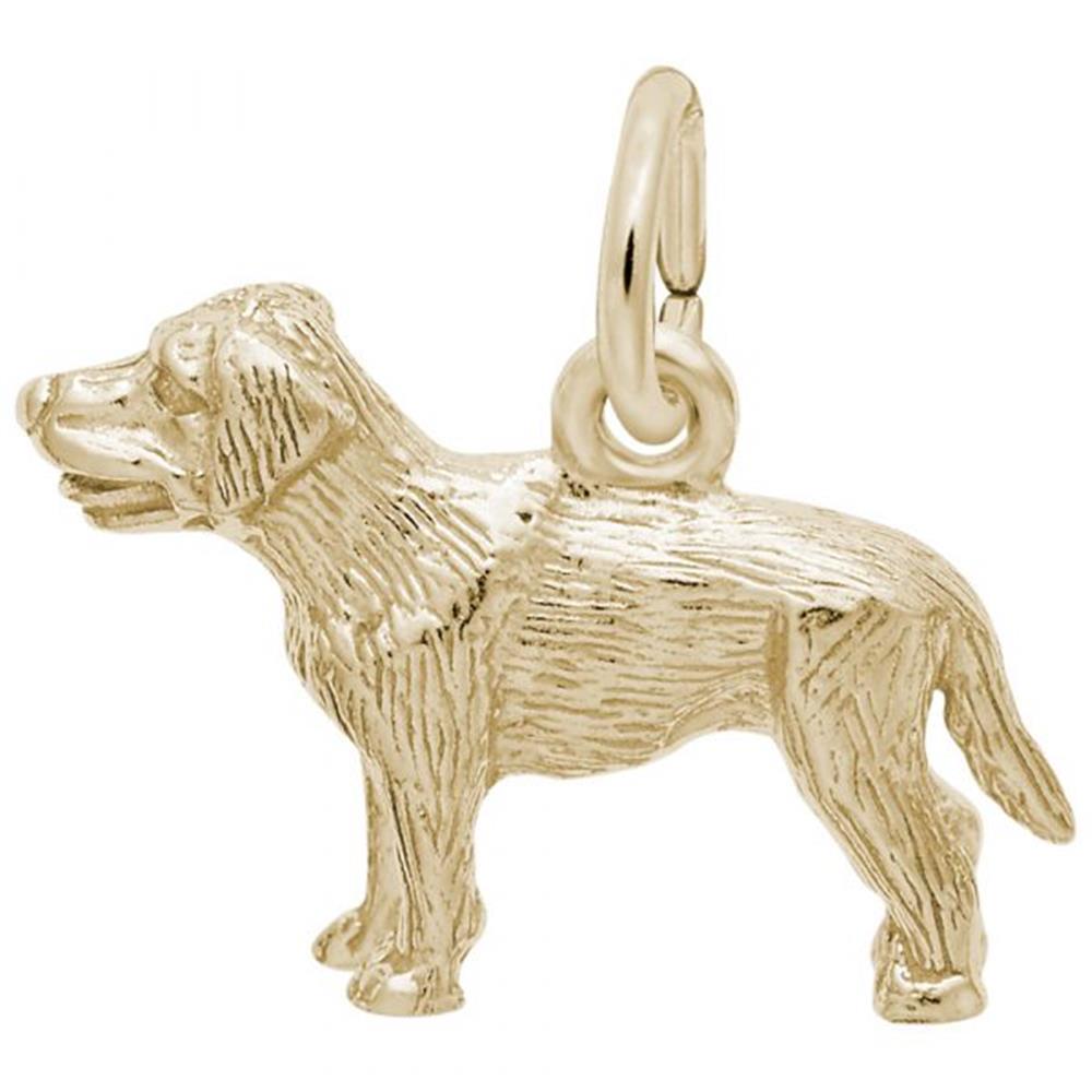 A close-up image of a small, gold-colored charm in the shape of a Labrador. The intricately detailed Labrador Dog Charm from Rembrandt Charms is gold-plated sterling silver and beautifully captures the dog's fur texture and facial features. The charm also has a small circular loop on top for attaching to a bracelet or necklace.