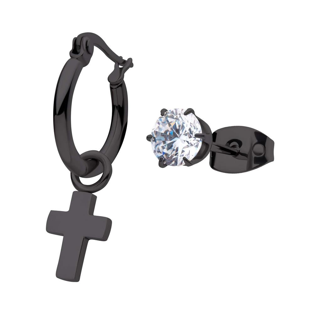 Two stunning stainless steel earrings from INOX: one black hoop earring with a dangling cross charm, and one cubic zirconia stud featuring a clear, round gemstone in a black setting—both are elegantly displayed against a plain white background.