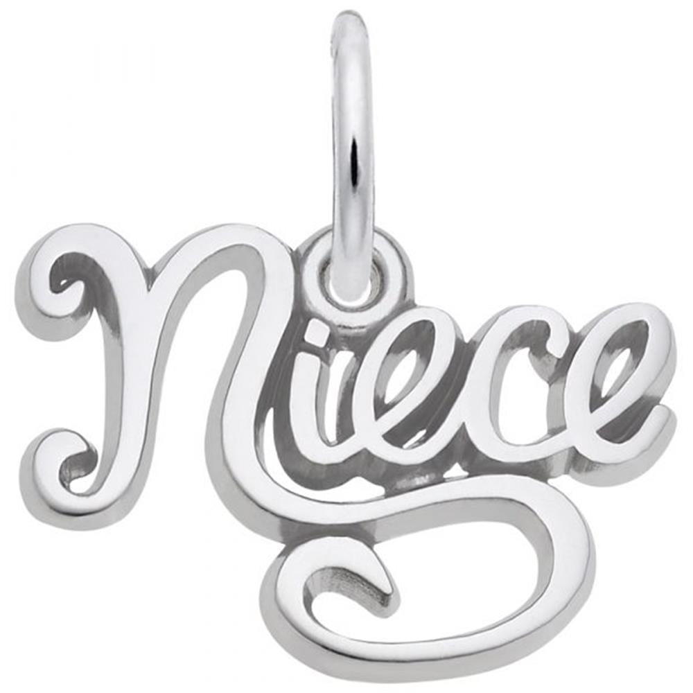 The Rembrandt Charms Niece Charm in sterling silver showcases the word "Niece" beautifully inscribed in a cursive font. It includes a small loop at the top, perfect for attaching to a necklace or bracelet. The design is both simple and elegant.