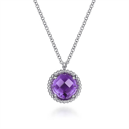 Introducing the Gabriel & Co 925 Sterling Silver Bujukan Amethyst Pendant Necklace (Serial No: S1) from the esteemed Bujukan Collection. This exquisite piece showcases a round, faceted Amethyst stone pendant, elegantly encased in an intricate 925 Sterling Silver setting, and gracefully suspended from a delicate silver chain. The design epitomizes elegance and refinement.