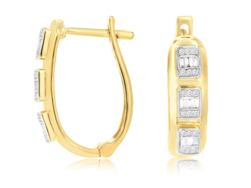 The 14k YG diamond illusion hoops from Royal Jewelry feature rectangular settings, each embellished with multiple small, sparkling stones, showcased against a white background.