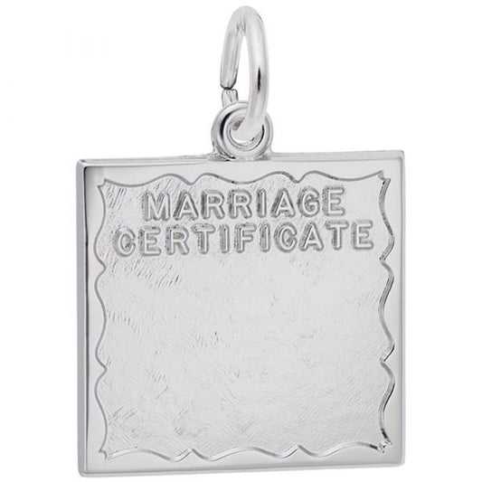 The Rembrandt Charms Marriage Certificate Charm in sterling silver is a square pendant featuring an engraved design that resembles a marriage certificate. At the top center, "MARRIAGE CERTIFICATE" is prominently displayed in uppercase letters. The pendant includes a loop for attaching it to a chain.