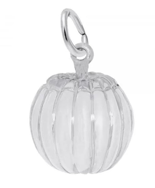 A close-up image showcases the Rembrandt Charms Pumpkin Charm / Sterling Silver, a transparent, glass-like charm with a sterling silver loop on top, perfect for attaching to a bracelet or necklace. The pumpkin charm is intricately detailed with vertical ridges, giving it a realistic appearance.