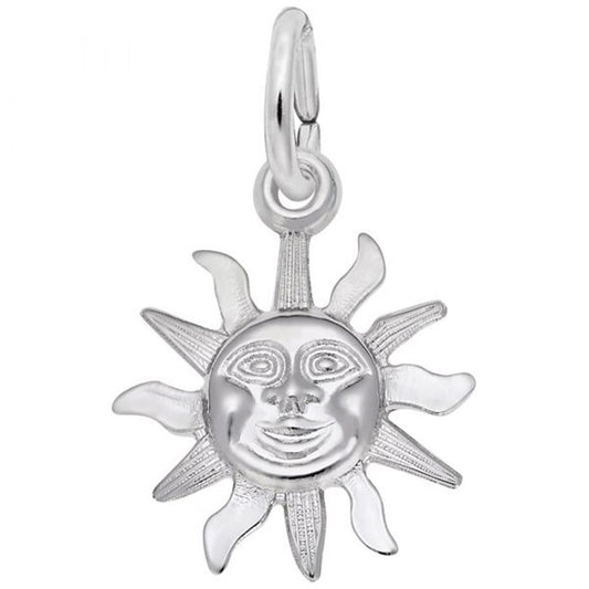 Introducing the Sunburst Charm by Rembrandt Charms, crafted from sterling silver. This charming piece features a smiling face at its center, surrounded by stylized rays that radiate from its perimeter. With a convenient loop at the top, it can easily be attached to a chain or bracelet, adding a touch of sunshine to your accessory collection.