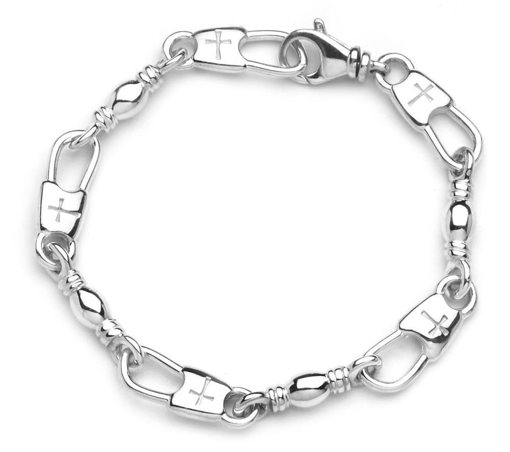 The Denali Pro Jewelers 'Fisher of Men' bracelet showcases a stylish design with a linked chain, each 8.25" link alternating between a shiny smooth surface and an engraved cross symbol. The 9mm width bracelet is secured with a XL Cross Snap clasp closure, providing both style and security.