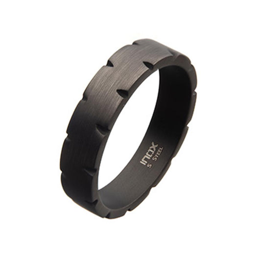 This INOX men's stainless steel matte gunmetal chiseled band ring, size 10, features a sleek matte finish with a grooved design. The ring's interior is engraved with "IMAX S STEEL," and the band is accented by evenly spaced rectangular cutouts along its circumference.