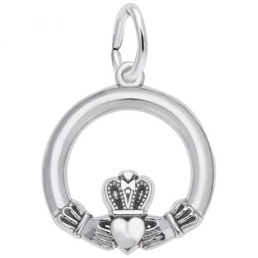 The CLADDAGH Sterling Silver Charm by Rembrandt Charms is a pendant characterized by a circular band, with two hands holding a crowned heart at the bottom center. It features subtle details on the crown and hands and includes a small loop at the top for attaching to a chain.