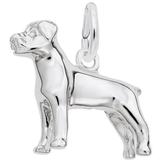 The Rembrandt Charms Rottweiler Dog Charm in sterling silver features a meticulously detailed Rottweiler with its head, legs, and tail perfectly captured. The dog is depicted standing with its head turned to the left. This charming piece includes a loop at the top for easy attachment to a bracelet or necklace.