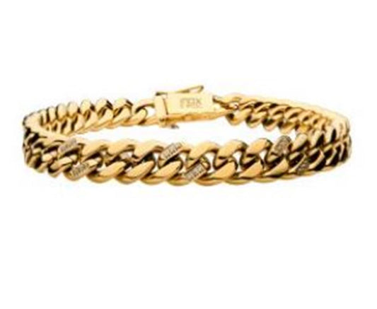 Introducing the 18K Gold Plated with 30pcs Diamond Curb Chain Miami Cuban Bracelet by INOX, a sophisticated men's accessory. This bracelet boasts a thick, interlocking Miami Cuban chain design, with some links adorned with small, sparkling stones for added elegance. The rectangular clasp seamlessly integrates into the overall design.