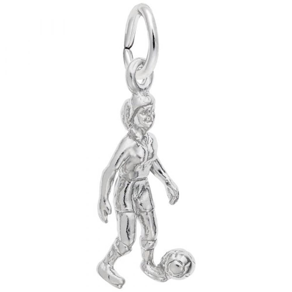 This exquisite Female Soccer Player Charm by Rembrandt Charms is crafted from Sterling Silver and showcases a female soccer player in mid-stride with a ball at her feet. Detailed with a uniform and hair, it includes a loop for easy attachment to any chain or bracelet.