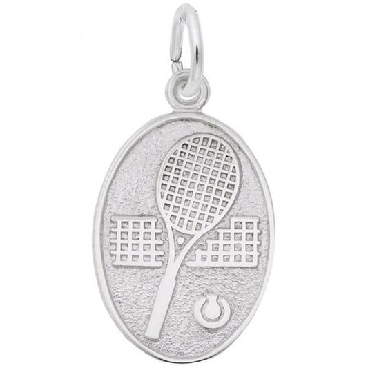 The Rembrandt Charms Tennis Charm, made from sterling silver, showcases a raised tennis racket design in front of a net with a small horseshoe beneath. It features a loop at the top for effortless attachment to a chain or bracelet.