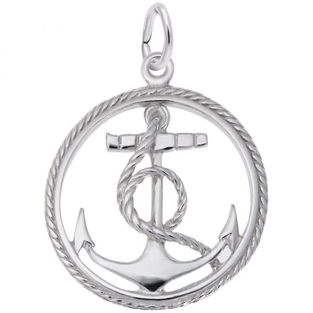 'Sterling silver charm featuring a ship's anchor with a rope design within a circular rope border. Style 2884, 0.83 in x 0.83 in (21.04 mm x 21.04 mm).'
