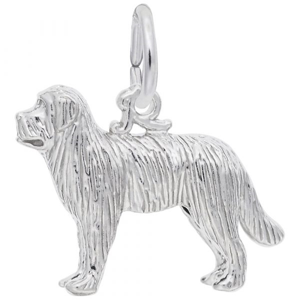 The Rembrandt Charms Newfoundland Dog Charm is a classic piece crafted from sterling silver, featuring detailed fur texture reminiscent of a long-haired dog. The charm comes with a loop at the top for easy attachment to a bracelet or necklace.