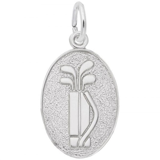 Introducing the Rembrandt Charms Golf Clubs Oval Disc Charm in Sterling Silver: This unique silver charm features a raised design of a golf bag with three sterling silver golf clubs. The background is finely textured, providing a beautiful contrast to the smooth and polished finish of the golf bag and clubs. An attached loop at the top makes it easy to hang.