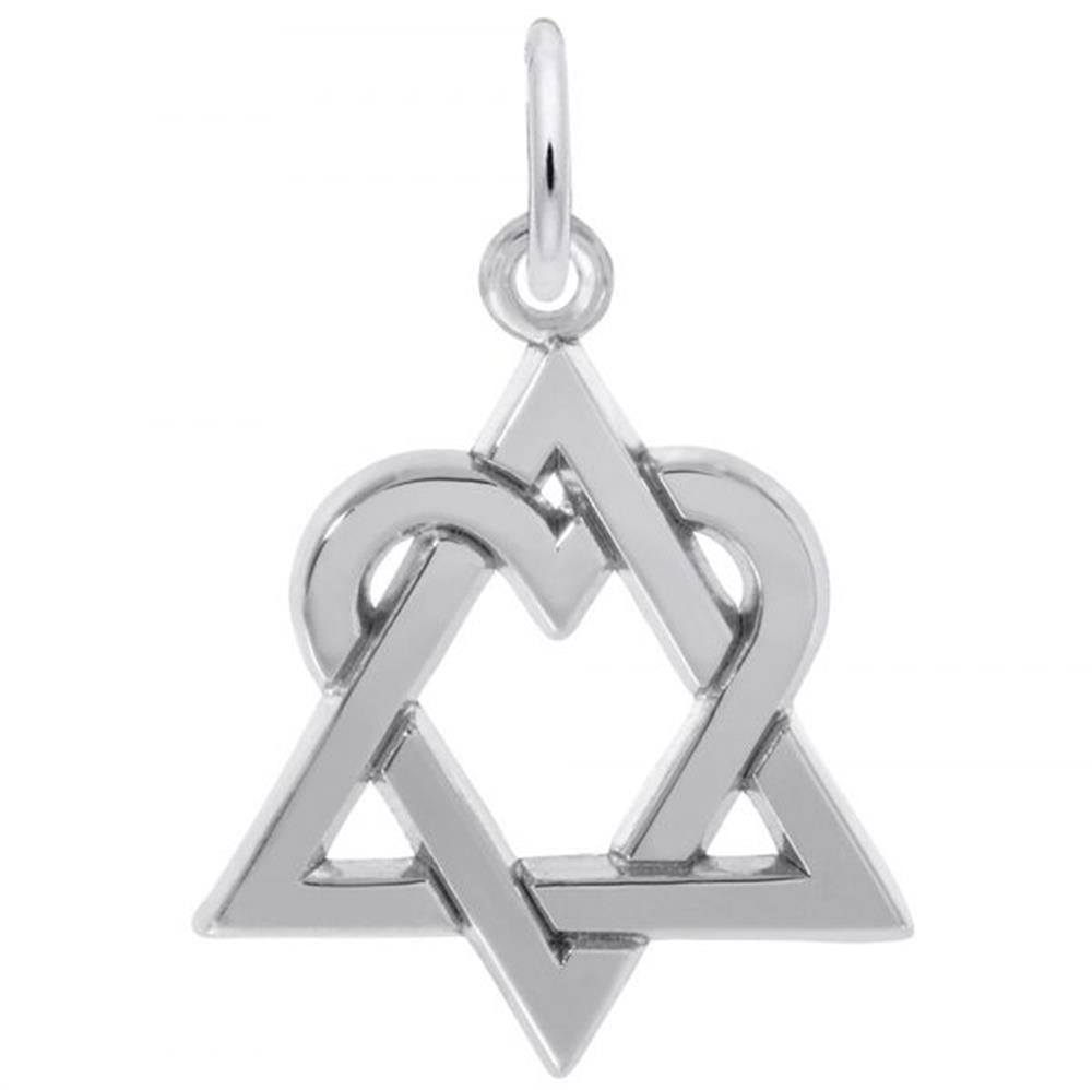 The Rembrandt Charms' Adoption Logo Charm, crafted from sterling silver, showcases a unique design that intertwines a Star of David with a heart shape. With a loop at the top for easy attachment to a chain, this pendant beautifully represents symbols of love, cultural identity, and the adoption journey.