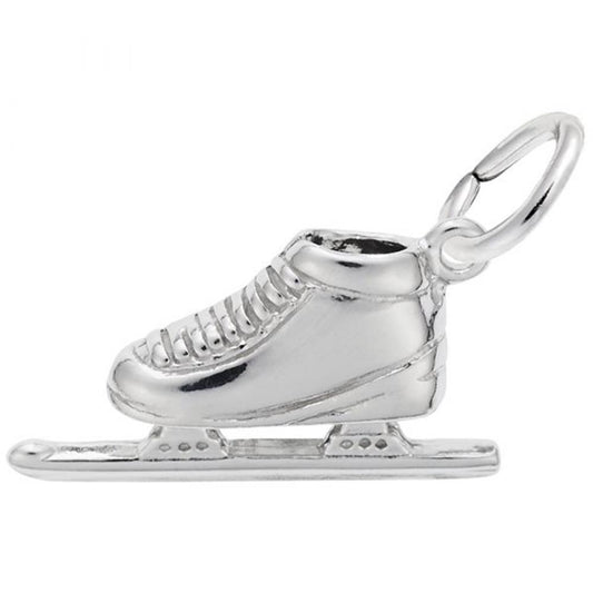 The Speed Skate Charm by Rembrandt Charms is crafted from sterling silver and showcases intricate detailing. It features a traditional skate blade and a loop at the top, perfect for attaching to a bracelet or necklace.