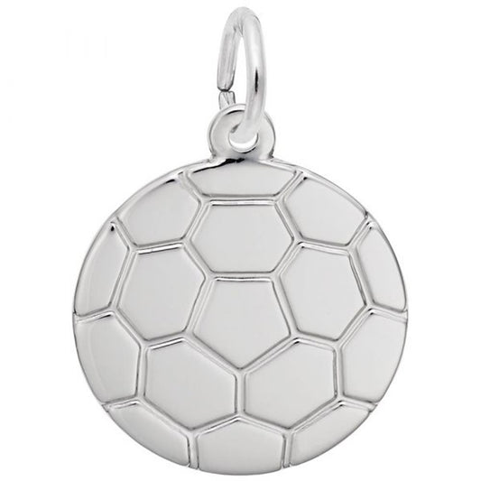 A shiny Rembrandt Charms Sterling Silver Soccer Ball Charm shaped like a soccer ball with hexagonal and pentagonal patterns is suspended from a small round loop at the top. The design details on the pendant mimic the classic soccer ball appearance.