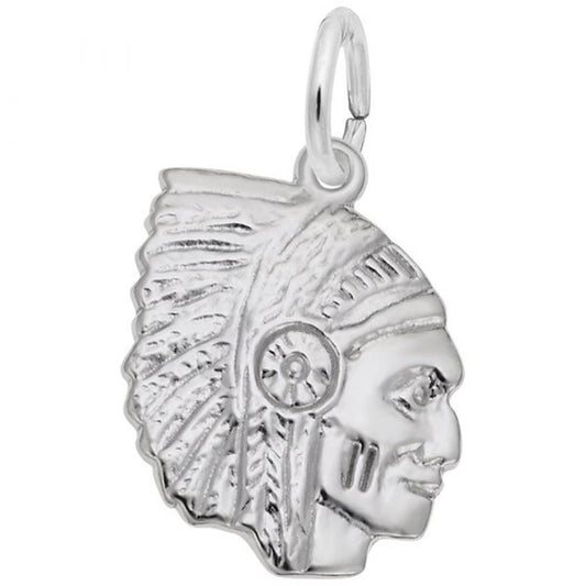 The Native American Charm by Rembrandt Charms is a sterling silver pendant shaped like an Indigenous chief's head in profile. The detailed design features a feathered headdress and facial markings, with the charming piece attached to a circular loop at the top.