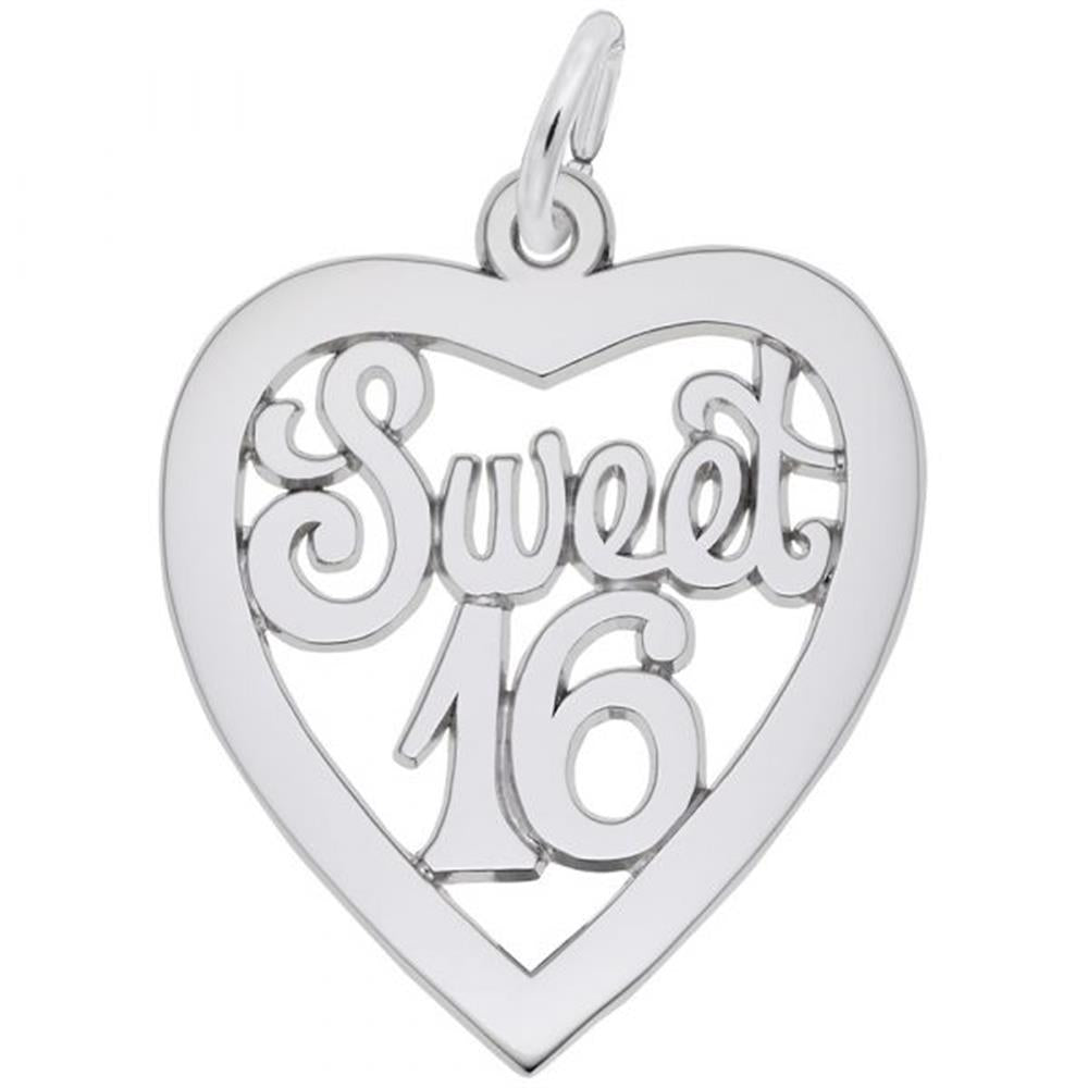 A Rembrandt Charms Sweet 16 Charm / Sterling Silver shaped like a heart with the words "Sweet 16" inscribed in the center. This charming piece features a loop at the top for attaching to a chain.