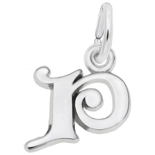 The Curly Initial P Charm from Rembrandt Charms is a sterling silver pendant featuring an ornate, stylized lowercase 'P' with a subtle loop design at the top. It comes attached to a small jump ring, ideal for adding to a necklace or bracelet. This charming piece makes a perfect addition to any jewelry collection.