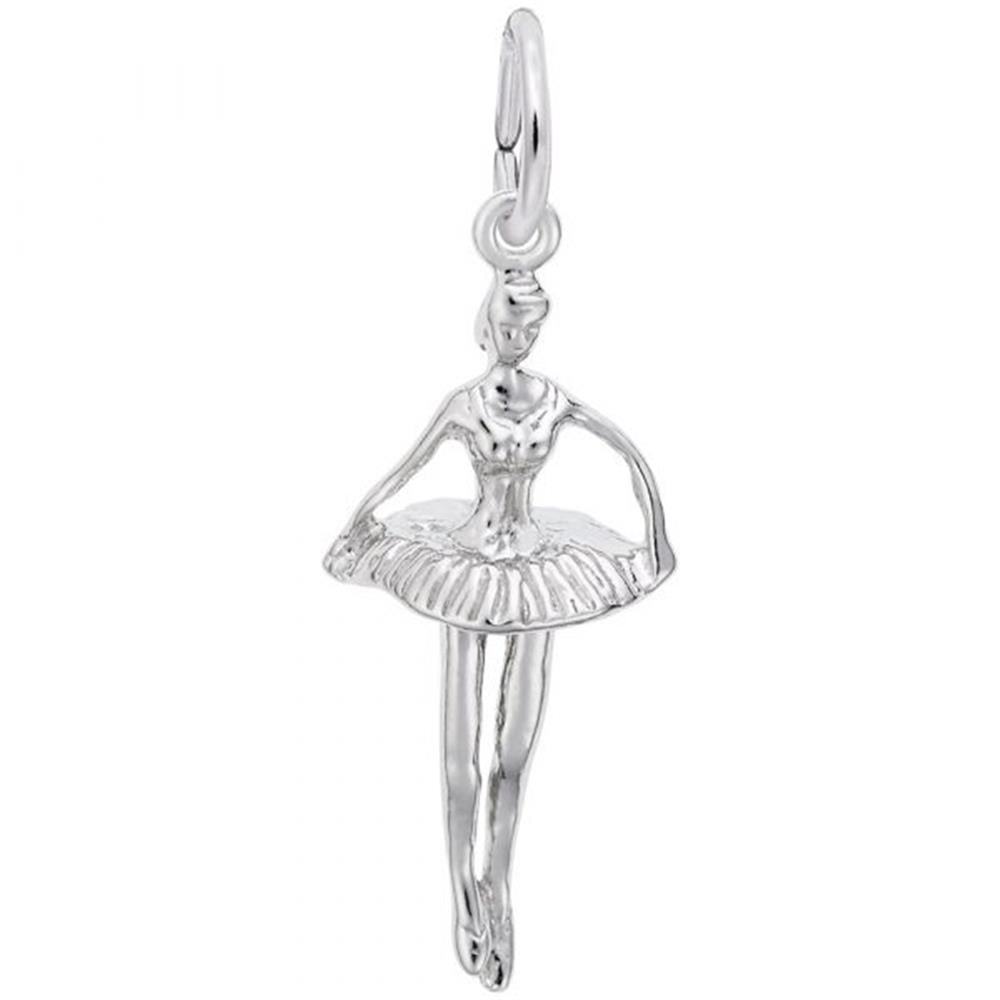 The Pointed Toes Ballet Dancer Charm by Rembrandt Charms is a sterling silver pendant that beautifully captures a ballerina in mid-dance. She gracefully wears a tutu, with her arms extended and one leg slightly bent. The charm features a loop at the top, making it ideal for attaching to a necklace or bracelet and adding an elegant ballet dancer touch to any jewelry collection.