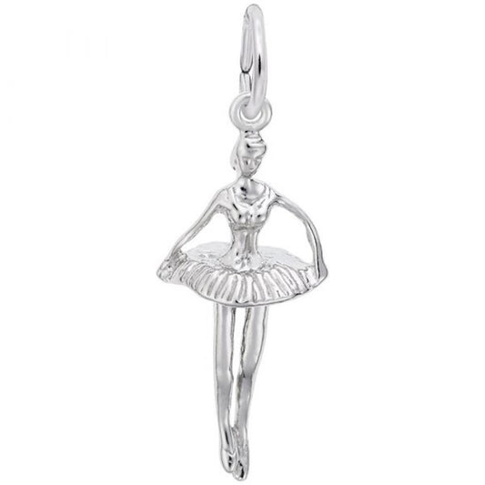 The Pointed Toes Ballet Dancer Charm by Rembrandt Charms is a sterling silver pendant that beautifully captures a ballerina in mid-dance. She gracefully wears a tutu, with her arms extended and one leg slightly bent. The charm features a loop at the top, making it ideal for attaching to a necklace or bracelet and adding an elegant ballet dancer touch to any jewelry collection.