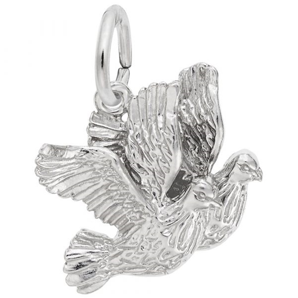 The Turtle Doves Charm -SS by Rembrandt Charms is a silver pendant showcasing two intricately designed turtle doves in flight, with detailed feathers and wings gracefully spread out. This enchanting piece includes a loop at the top for attaching to a chain or bracelet.