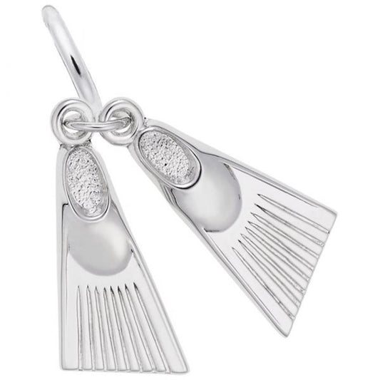 This Rembrandt Charms Swim Fins Charm, crafted in sterling silver, is shaped like a pair of swim fins and features detailed flipper designs and a textured surface on the upper part. The charm includes a small loop at the top for attaching to a chain or bracelet.