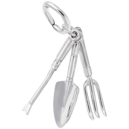 The Rembrandt Charms Gardening Tools Charm is a compact and decorative piece shaped like a gardening set featuring three miniature tools: a shovel, a rake, and a fork. Each tool is attached to a single ring at the top, creating an elegant arrangement. Made from sterling silver, this charm showcases a shiny and polished finish.