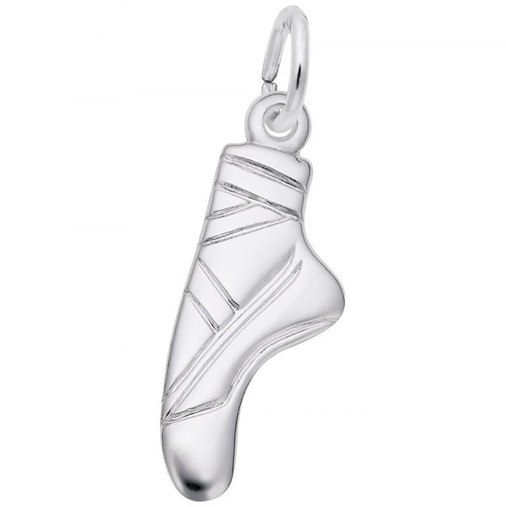 The Rembrandt Charms Flat Ballet Pointe Shoe Charm in Sterling Silver is beautifully crafted to resemble a ballet slipper, showcasing intricate engraved details that mimic the shoe's ribbons. This charm features a small loop at the top, perfect for attaching to a bracelet or necklace.