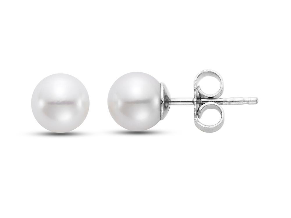 A pair of elegant stud earrings from Mastoloni Pearls featuring 5.5-6.0mm round, white pearls set in 14K gold posts with secure butterfly backs. One earring is shown from the front, while the other is displayed from the side, showcasing the secure fastening mechanism of Ear "A" (Product Name: 5.5-6.0mm Ear "A" 14K YG).