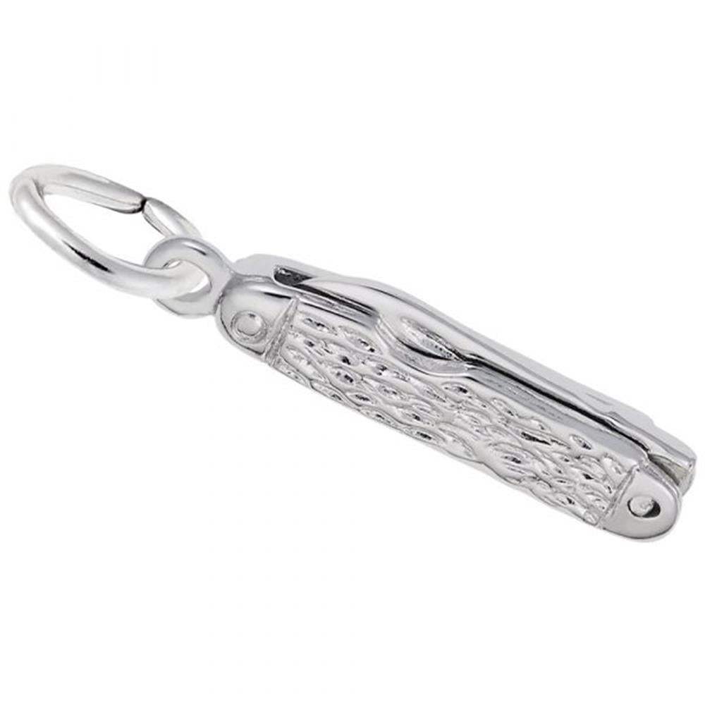 The Rembrandt Charms Pocket Knife Charm in sterling silver features a small pocket knife design with intricate, textured detailing on the handle and a round keyring attached to one end. The closed pocket knife boasts a polished, shiny finish, exuding the charm of timeless elegance.