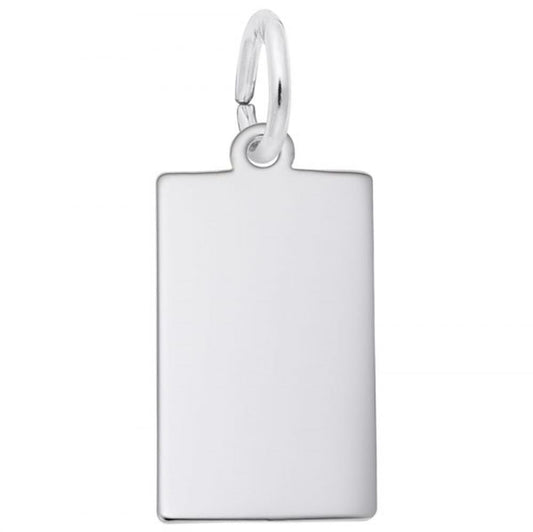 The Engravable Dog Tag Charm / Sterling Silver by Rembrandt Charms is a rectangular keychain with smooth edges. At the top, it has a small circular hole through which a shiny silver ring is looped. This elegant piece offers a simple and sleek aesthetic, perfect as both a keychain and a dog tag charm.