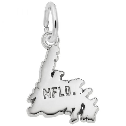 A detailed image of the Sterling Silver Newfoundland Map Charm by Rembrandt Charms. This charm features a polished and intricately detailed map of Newfoundland, measuring 0.44 inches by 0.45 inches (11.09 mm by 11.39 mm). The charm has a sleek sterling silver finish, perfect for adding a touch of regional pride to any charm bracelet or necklace. Style number 5404.